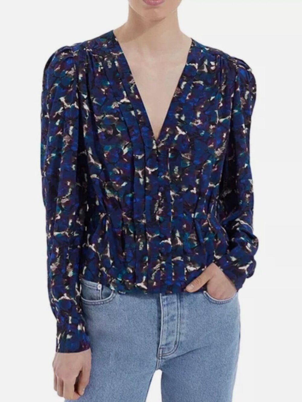 The Kooples Crepe Pleated Top Blouse in Neon Purple Teal Flowers-XS